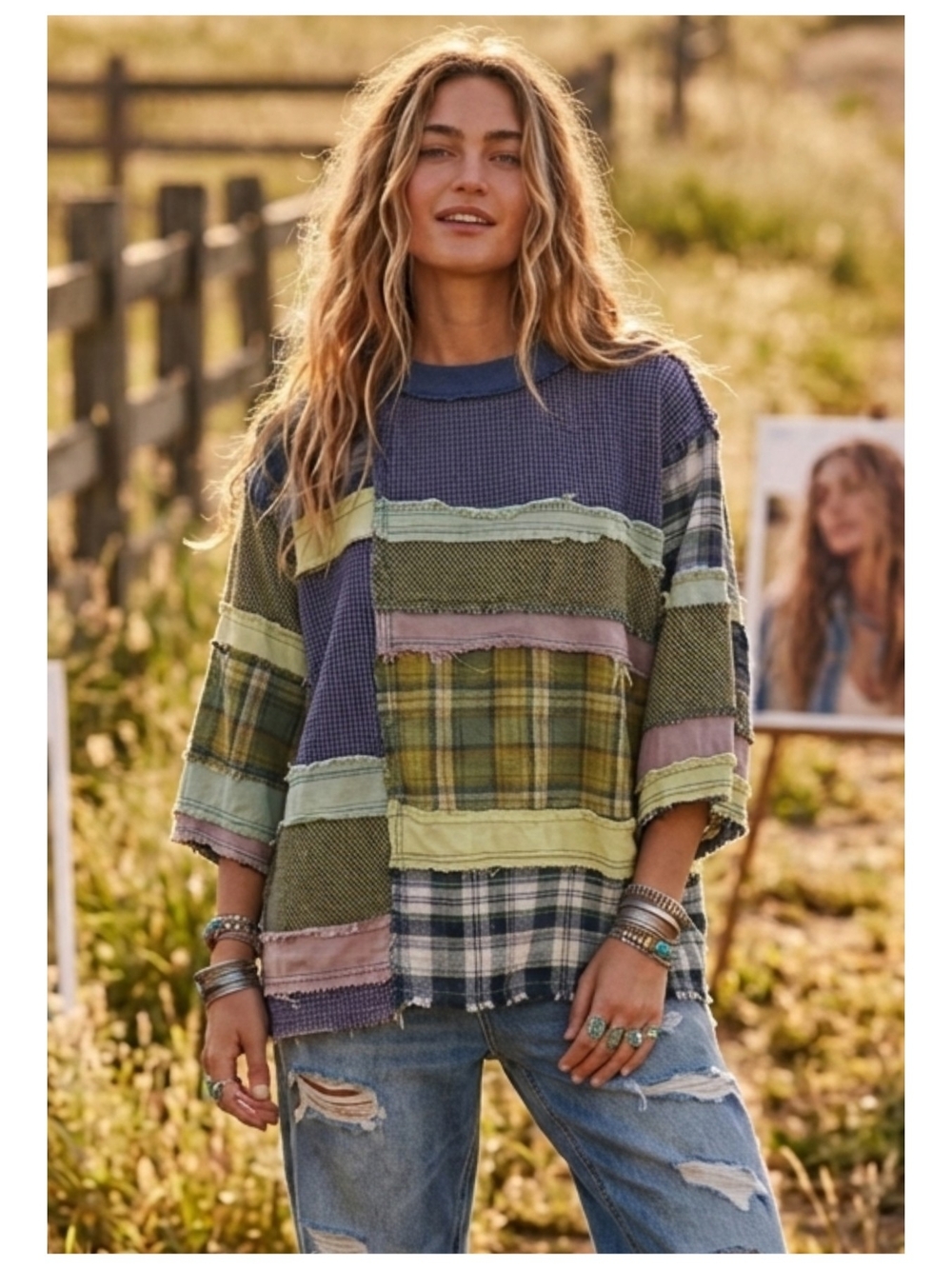 Patchwork Plaid Relaxed Waffle Upcycled Women's Top in Green & Blue Oversized